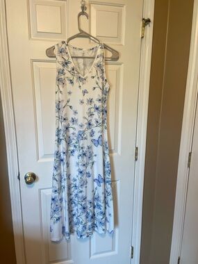 Sleeveless White Maxi Dress with Blue Floral & Butterfly Print by